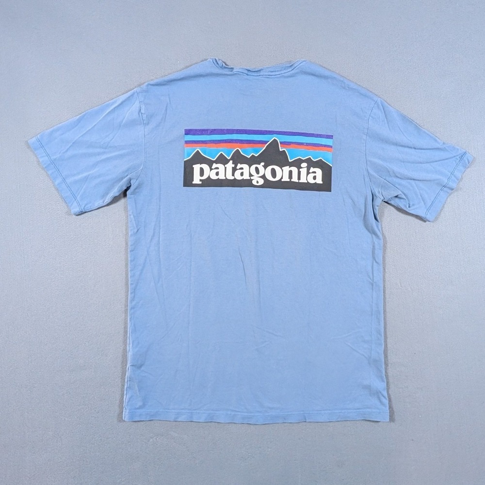 Patagonia T-Shirt Mens Small Blue Fitz Roy Logo Organic Cotton Short Sleeve